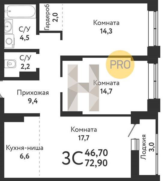 ЖК Одоевский квартира 2 комнатная  72.90 м2