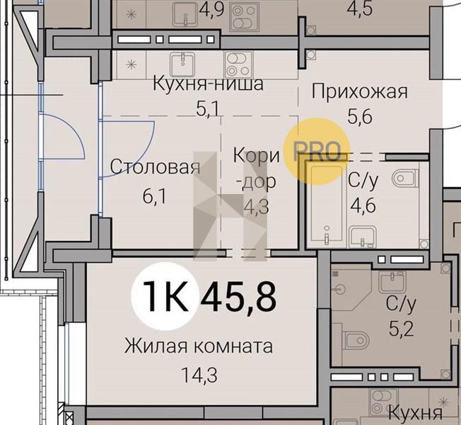 ЖК Тайм Сквер квартира 1 комнатная  45.80 м2
