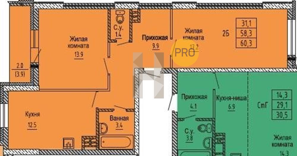 ЖК Новые Матрешки квартира 2 комнатная  60.20 м2