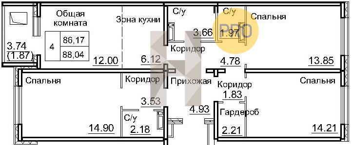 ЖК Кольца квартира 3 комнатная  88.04 м2