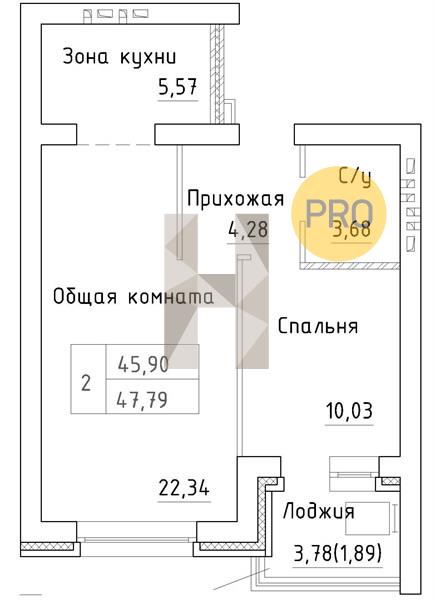 ЖК Фламинго квартира 1 комнатная  47.79 м2