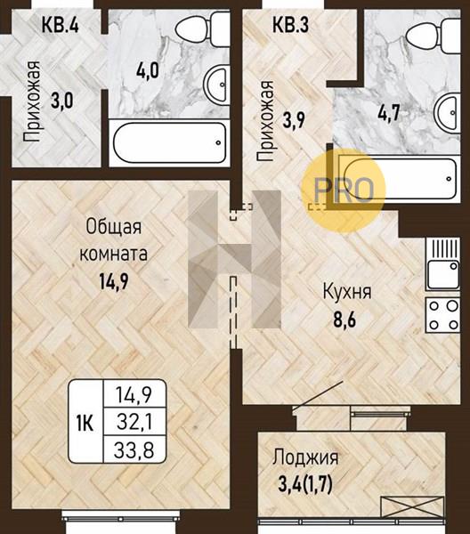 ЖК Новый горизонт квартира 1 комнатная  33.80 м2