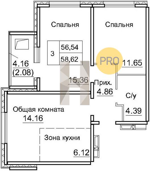 ЖК Кольца квартира 2 комнатная  58.62 м2
