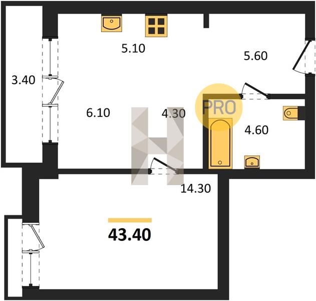 ЖК Тайм Сквер квартира 1 комнатная  43.40 м2