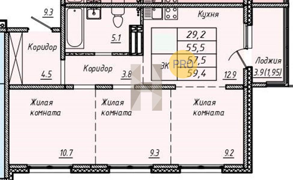 ЖК Эко-квартал на Кедровой квартира 3 комнатная  59.40 м2