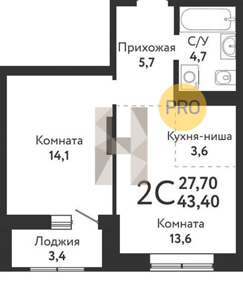 ЖК Одоевский квартира 1 комнатная  43.40 м2