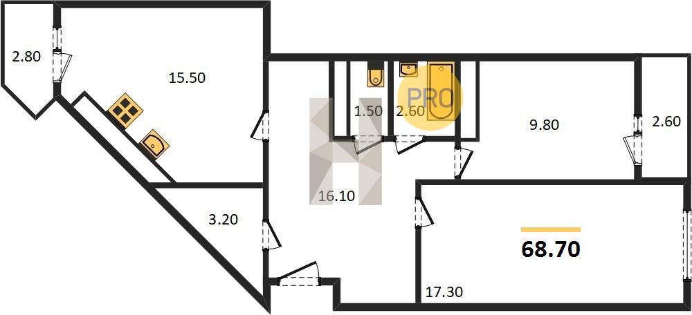 ЖК Эверест квартира 2 комнатная  68.70 м2