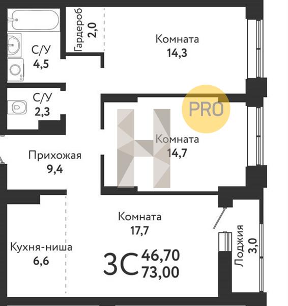 ЖК Одоевский квартира 2 комнатная  73.00 м2