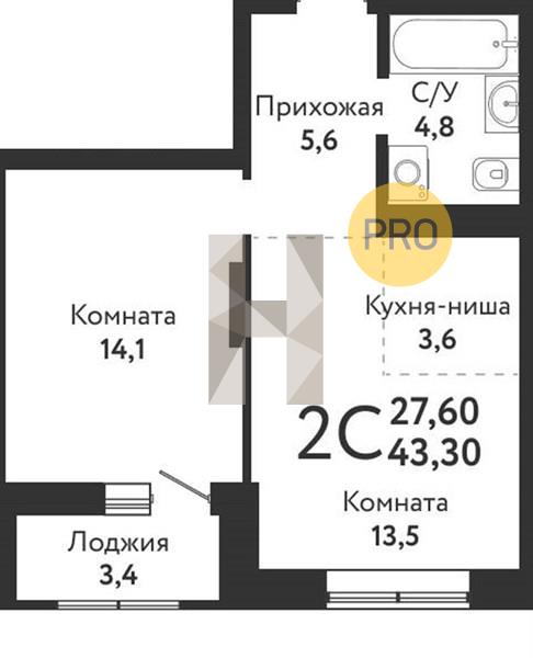 ЖК Одоевский квартира 1 комнатная  43.30 м2