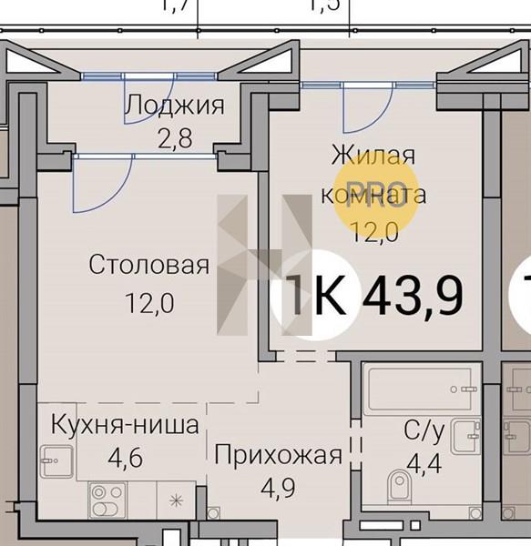 ЖК Тайм Сквер квартира 1 комнатная  43.90 м2
