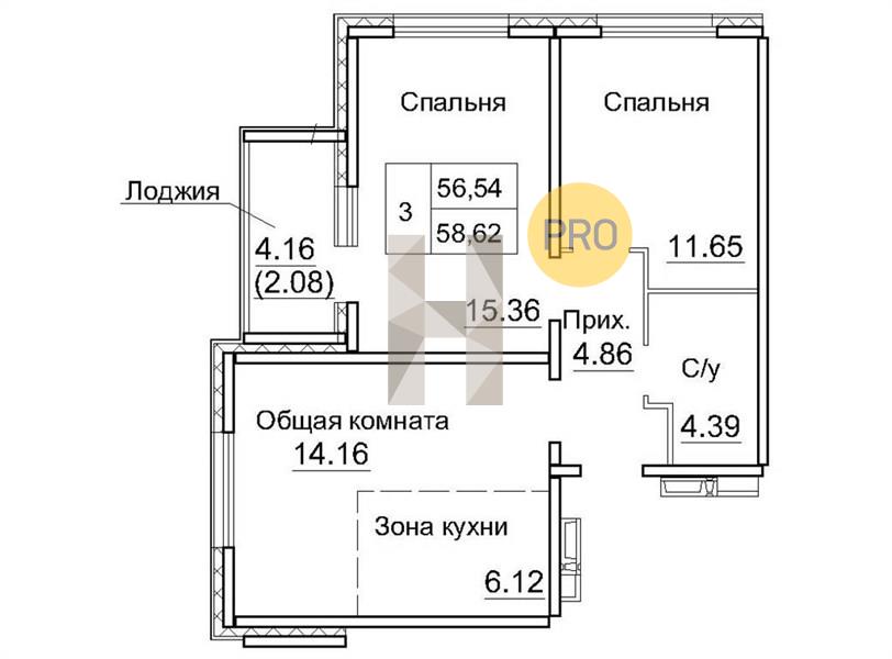 ЖК Кольца квартира 2 комнатная  58.62 м2