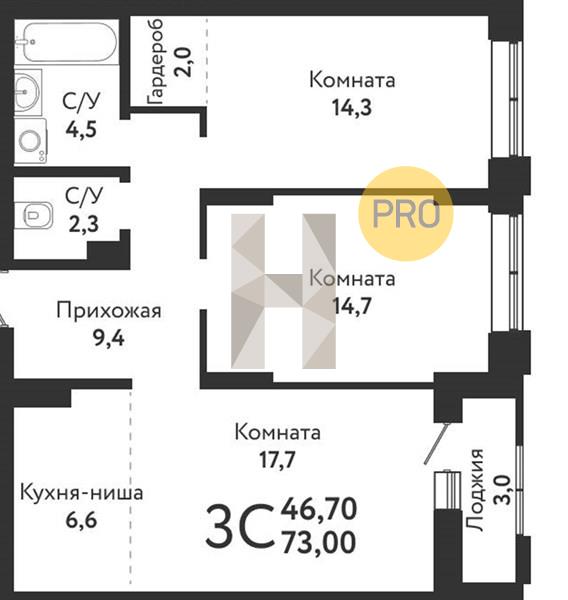 ЖК Одоевский квартира 2 комнатная  73.00 м2