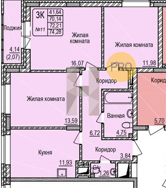 ЖК Расцветай на Авиастроителей квартира 3 комнатная  74.28 м2