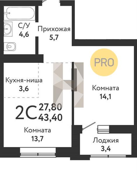 ЖК Одоевский квартира 1 комнатная  43.40 м2