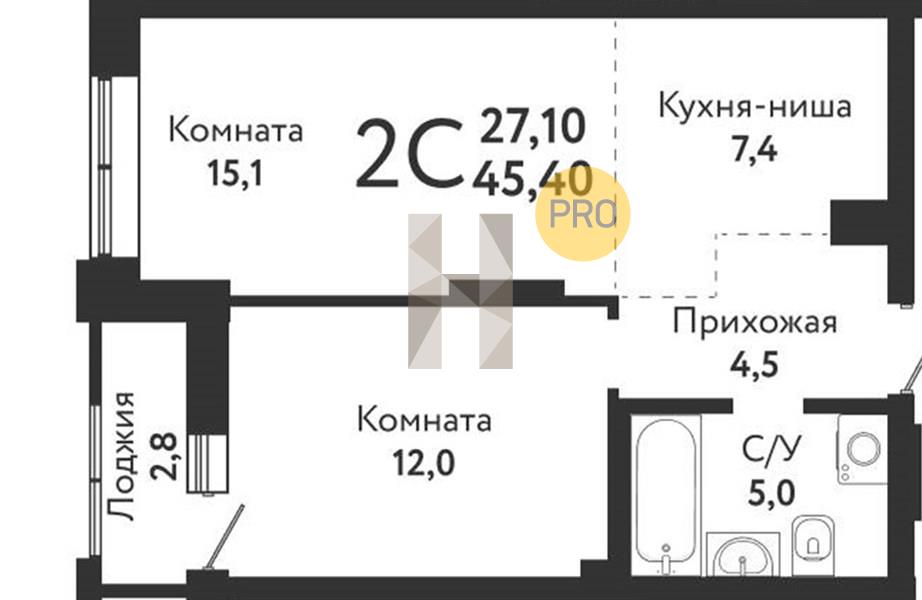 ЖК Одоевский квартира 1 комнатная  45.40 м2