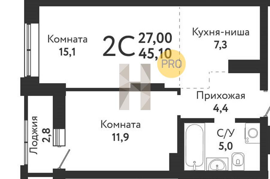 ЖК Одоевский квартира 1 комнатная  45.10 м2