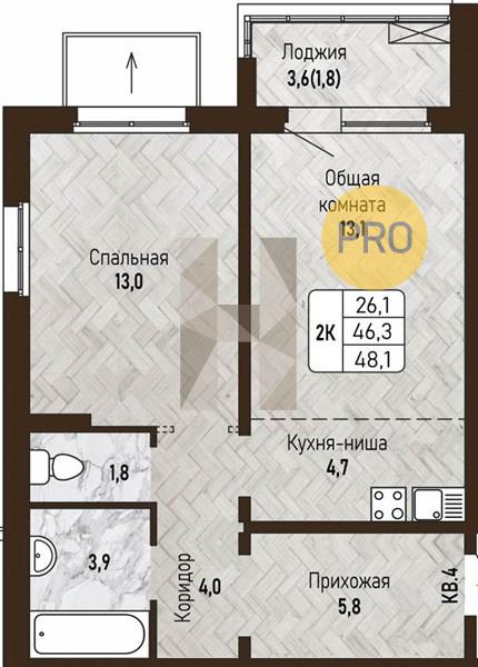 ЖК Новый горизонт квартира 1 комнатная  48.10 м2