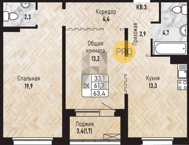 ЖК Новый горизонт квартира 2 комнатная  63.10 м2