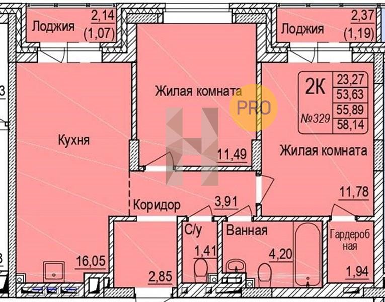 ЖК Расцветай на Авиастроителей квартира 2 комнатная  58.14 м2