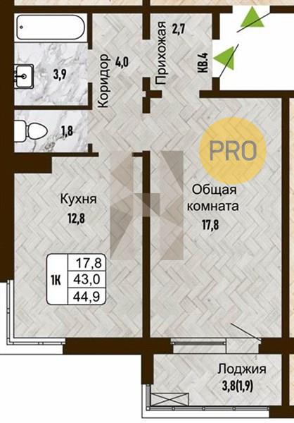 ЖК Новый горизонт квартира 1 комнатная  44.90 м2