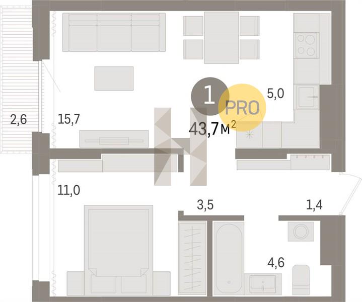 ЖК Авиатор квартира 1 комнатная  43.70 м2
