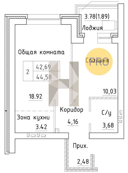 ЖК Фламинго квартира 1 комнатная  44.58 м2