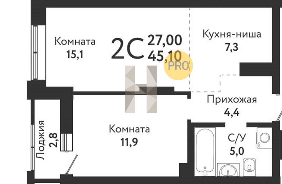 ЖК Одоевский квартира 1 комнатная  45.10 м2