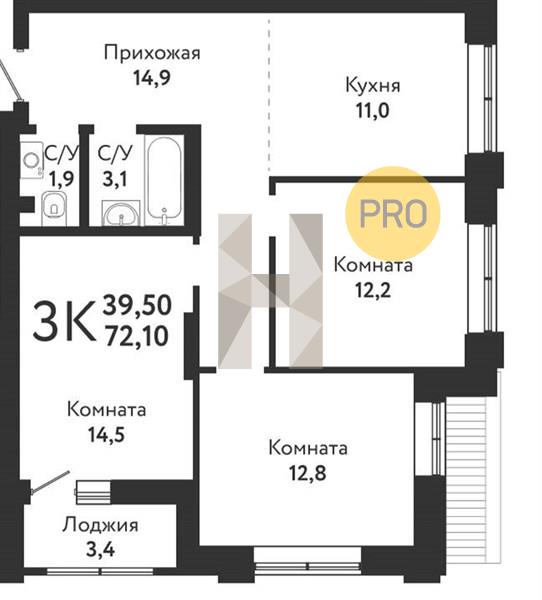 ЖК Одоевский квартира 3 комнатная  72.10 м2